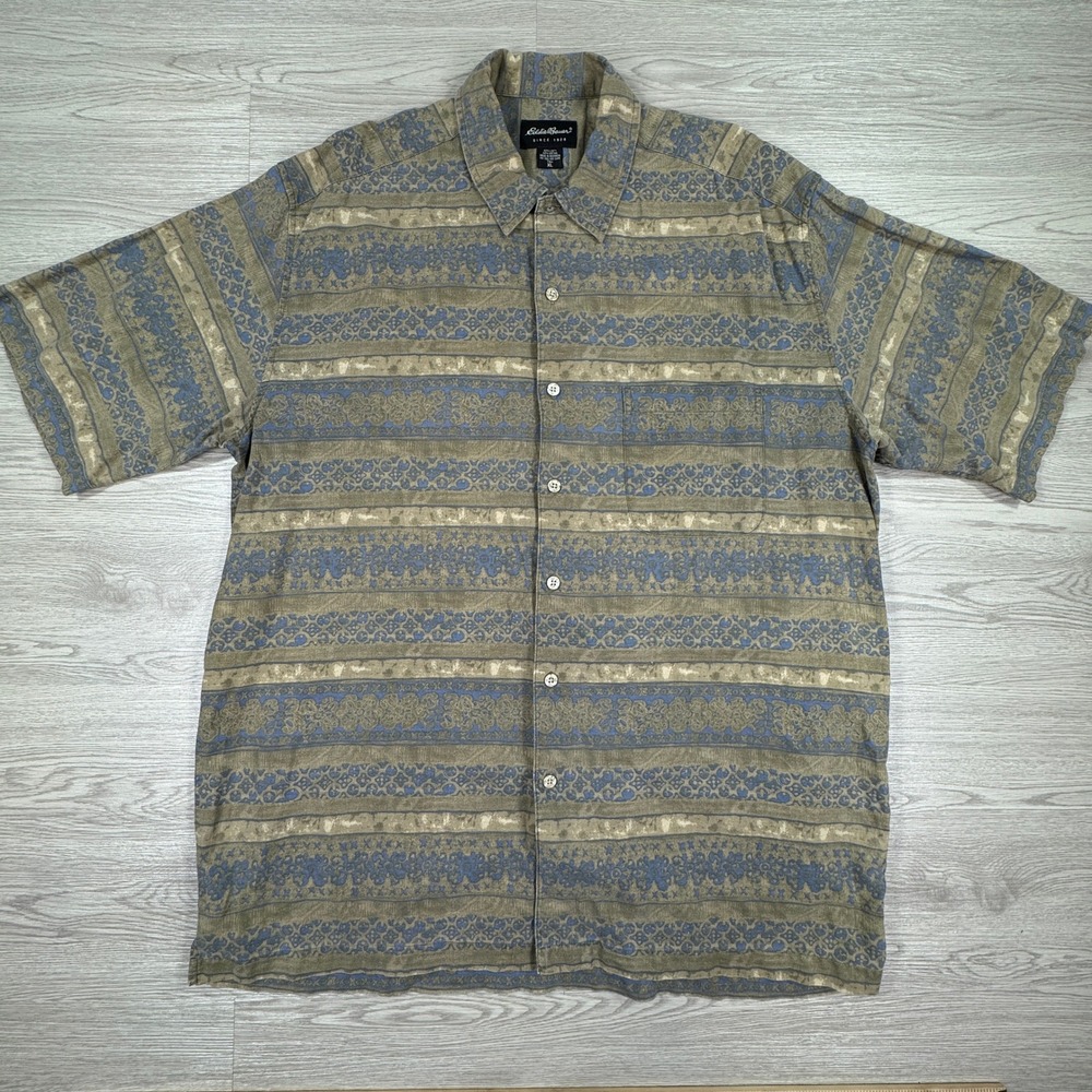 Eddie Bauer Men's Button Down Shirt XL Tall Linen Cotton Blue Tan Floral Stripe